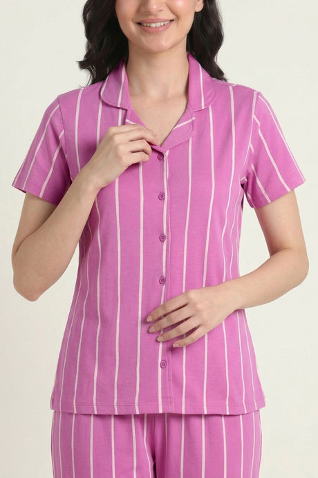 Zivame Thin Stripes Knit Cotton Pyjama Set - Spring Crocus — image 4